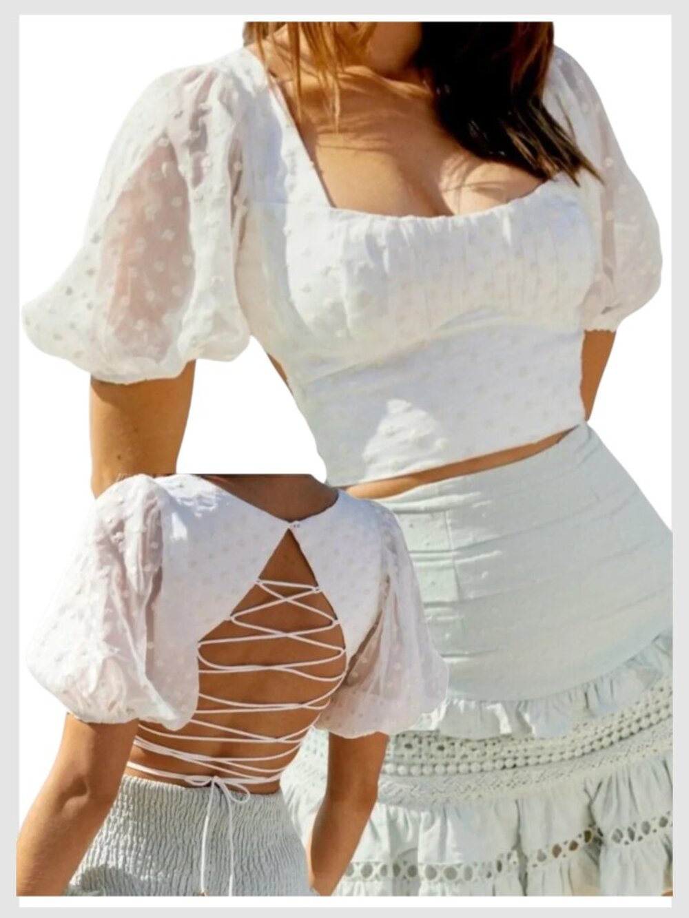 Hello Molly Ivory Puff-Sleeve Embroidered Lace-up Back Crop Top M